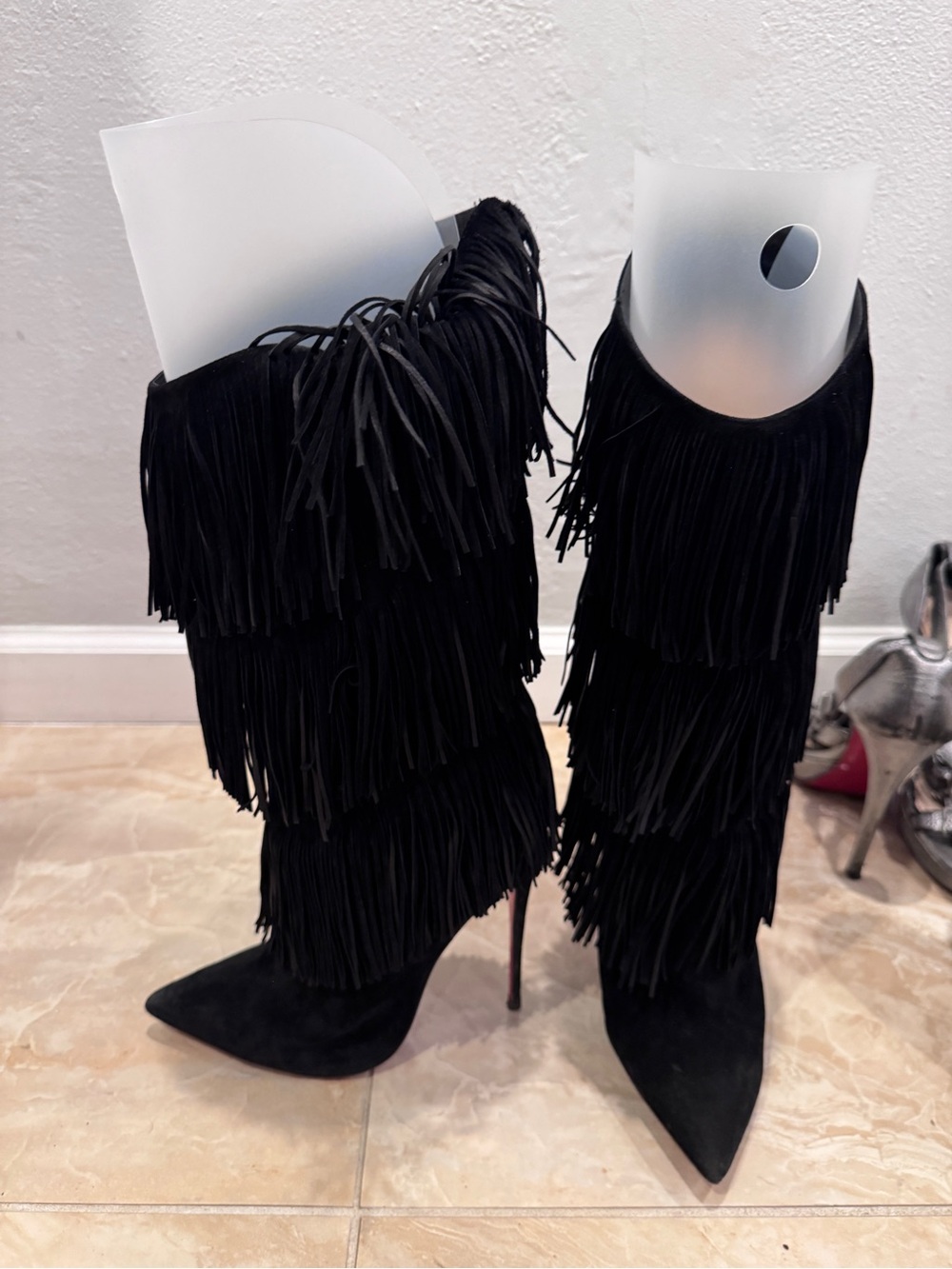 Christian Louboutin Black Layered Fringe Pointed-Toe Stiletto Boots